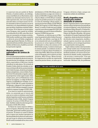 78 | carta fedegÁn N.° 125
INDICADORES DE LA GANADERÍA 78
78 | carta fedegÁn N.° 125
ro exportará más por pedido de Medio
Oriente y el sudeste asiático, sin embargo,
acusa el problema de un Real alcista como
también una demanda interna fuerte. Ca-
nadá exportará más, esto con la ayuda del
mercado chino y un mayor acceso a la UE.
En Australia la oferta al exterior cae por la
limitación en la disponibilidad de ganado
parasacrificio;Argentinacontinúacedien-
do terreno. De lo anterior se lucran países
como Paraguay, más cuando ha recibido
la certificación de la OIE como libre de af-
tosa con vacunación en tiempos recientes.
FAO predice también que India expandirá
su oferta de carne de búfalo congelada al
mundo; igual haría Pakistán. En África, la
aparicióndebrotesdefiebreaftosaentrelos
rebañosdeBotswanaySudáfrica acortará
la exportación regional.
Mejores precios para
exportadores de cárnicos de
Mercosur
Eloscuropanoramaeconómicomundialdel
presentenohadejadodeafectarelcomercio
decarnebovina;sinembargo,conunabaja
oferta exportadora el Mercosur intenta
sobrellevar la mala época. De la deuda de
Estados Unidos ahora las miradas se cen-
traneneldesarrollodelosacontecimientos
enlaUniónEuropea,dondelasprincipales
bolsassedesploman,comoenItaliaoEspa-
ña.EnlaUElademandaesregular,aunque
las perspectivas varían según el país. Italia
compra poco, pero en Holanda las cosas
parecen ser mejores. La nalga de Brasil se
negocia a US $8.000 por tonelada, la uru-
guaya a US $7.500. En cuanto al producto
refrigerado, el Rump & Loin argentino se
vendeaUS$17.000portonelada;elmismo
productouruguayosepagaaUS$15.500.
Si se tiene en cuenta lo anteriormente
dicho, no sorprende que el interés del
cono sur se centre en destinos como Israel
(dondeArgentinavendebuenascantidades
de Rump & Loin) o Chile, donde Uruguay
vende los 14 cortes a US $6.200 por tone-
lada.Tambiénvendenloscharrúasgarrón/
brazuelo a US $4.300 a China.
En Rusia las ventas mejoran debido a
que en Uruguay y Brasil hay menos saldo
exportable, generando también ganancias
en precios. Al menos en cuanto al último
país es seguro que muchos operadores se
handecantadoporlaofertaensuelonacio-
nal, por lo que se refuerza esta tendencia.
Brasilvendelatoneladadeloscincocortes
Cuadro 1. Mercados mundiales de la carne
2009 2010 Estimado 2011 Previsión
Variación
2010 - 2011
Millones de toneladas %
Balance mundial
Producción 283,2 290,6 294 1,1
Carne bovina 64,9 64,9 65 0,2
Carne de aves 93,6 98 100,2 2,3
Carne porcina 106,3 109,2 110 0,7
Carne ovina 12,9 13 13,1 0,5
Comercio 25,2 26,2 26,8 2,4
Carne bovina 7,2 7,5 7,7 1,9
Carne de aves 11,1 11,5 11,7 1,6
Carne porcina 5,8 6,1 6,4 5
Carne ovina 0,9 0,8 0,8 0,8
Indicadores de oferta y demanda
Consumo per cápita de alimentos
Mundial (kg/año) 41,3 41,9 41,9 0,1
Países desarrollados 78 78,4 78,4 0
Países en desarrollo 31,3 31,8 32 0,5
Índice de precios de
la carne de FAO
(2002 - 2004 : 100)
2009 2010 2011 (ene - may)
Variación
ene - may 2010 /
ene - may 2011
133 152 175 19,9
del delantero a US $4.300 a Rusia, pero en
la plaza doméstica se paga este mismo ar-
tículoaUS$4.400.UruguayvendeaRusia
Chuck & Blade a US $4.450 por tonelada,
aunque ha perdido presencia en esa plaza.
La venta de trimmings a Rusia mejora, ya
quelosprecioshansubidoaUS$3.400por
el80VLdeUruguayyaUS$3.300paraelde
Brasil.Laruedasevendemuypocodebido
aquelosrusosofrecenpagosdeUS$5.200
portonelada,peroporlomenosenBrasilse
esperan US $300 más que eso.
Finalmente, se informa que en el Mer-
cosurhaparadodesubirelíndiceFaxcarne
del novillo, esto debido a una baja de 2%
en la cotización del real y la estabilidad en
los precios en varias regiones de Brasil.
El indicador se ubica esta semana en US
$4,05elkilocarcasa,3centavosmenosque
la semana pasada. La tendencia al alza se
mantuvo en algunas plazas brasileñas en
reales (San Pablo, Mato Grosso do Sul) así
comoenParaguay,perosedetuvoenotras
(Goiánia, Mato Grosso, Minas Gerais).
En Argentina los novillos de exportación
muestran precios firmes, en tanto que en
Uruguay volvieron a bajar, aunque con
incipientes señales de estabilidad.
Brasil y Argentina crean
consejo para resolver
obstáculos al comercio
BrasilyArgentinadaránunpasomáspara
intentarreducirlasbarrerasqueperjudican
el comercio bilateral, como anunciaron las
presidentas Dilma Rouseff y Cristina Kir-
chnerelpasado29dejulioenreuniónenel
Palacio de Planalto (Brasilia). Allí mismo
se oficializó el Consejo Empresarial Brasil
- Argentina, donde productores brasileros
de artículos como maquinaria, muebles y
calzado esperan encontrar una solución
a su problema con la entrega de permisos
para exportación a tierra gaucha.
Según indican medios internacionales
este consejo tendrá unos 10 empresarios
enrepresentacióndecadanación;porparte
de Brasil acudirán a él voceros de los pro-
ductores de calzado, textiles, automotores
y de servicios y construcción. “Con una
integración de esa magnitud, es imposible
retroceder. Mediante ella, los problemas
 