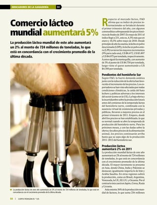 84 | carta fedegÁn N.° 125
INDICADORES DE LA GANADERÍA 84
84 | carta fedegÁn N.° 125
R
especto al mercado lácteo, FAO
afirma que su índice de precios in-
ternacionales se fortaleció durante
el primer trimestre del año, con algunos
commoditiessobrepasandolospicoshistó-
ricosdefinalesde2007.Enmayode2011el
índicellegóa231,estoes,4,5%másqueen
enero y 10,5% sobre mayo de 2010. Desde
principiodeañolacaseína,lalecheenpolvo
descremada(LDP)ylalecheenpolvoente-
ra(LPI)tuvieronlosmayoresincrementos
(9%paracadauno),US$8.672,US$3.807
yUS$4.075portonelada,respectivamente.
Aestossiguiólamantequilla,conaumento
de 3% al punto de US $4.750 por tonelada,
luego viene el queso aumentando a US
$4.500 por tonelada.
Pendientes del hemisferio Sur
Según FAO, la fuerte demanda asiática
juntoconlareduccióndelaofertahanfavo-
recidoelincrementodelosprecios.Losex-
portadoressehanvistoafectadospormalas
condiciones climáticas, la caída del hato
lechero y políticas adversas a los intereses
delsector(comoenlaUE).Labajaofertay
laincertidumbresobrelaproducciónfutura
antes del comienzo de la temporada láctea
del hemisferio norte, combinada con la
ausencia virtual de existencias privadas y
públicas, llevaron a mayores precios en el
primer trimestre de 2011. Empero, desde
abril los precios se han estabilizado, lo que
es normal cuando se abre la temporada de
producción del hemisferio norte. Para los
próximos meses, y con las dudas sobre la
ofertaylosaltospreciosdelaalimentación
animal, los precios continuarán arriba
hasta que se sepa algo de la producción
2011- 2012 del hemisferio sur.
Producción láctea
aumentará 2% en 2011
La producción mundial láctea de este año
aumentaráun2%almontode724millones
de toneladas, lo que está en concordancia
con el crecimiento promedio de la última
década. El mayor incremento se presenta
en Asia, donde China, India y Pakistán se
destacan; igualmente importa lo de Irán y
Arabia Saudita. En otras regiones subirá
la producción, como en Brasil, Argentina,
Venezuela,laUE,EE.UU.yOceanía.Porel
contrarioéstacaeráenJapón,Corea,Rusia
y Ucrania.
Asiaostenta36%delaproducciónmun-
dial de lácteos, lo que suma 256 millones
Comerciolácteo
mundialaumentará5%…
	 La producción láctea de este año aumentará un 2% al monto de 724 millones de toneladas, lo que está en
concordancia con el crecimiento promedio de la última década.
La producción láctea mundial de este año aumentará
un 2% al monto de 724 millones de toneladas, lo que
está en concordancia con el crecimiento promedio de la
última década.
 