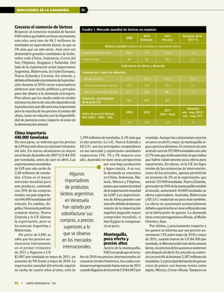 86 | carta fedegÁn N.° 125
INDICADORES DE LA GANADERÍA 86
86 | carta fedegÁn N.° 125
Crecería el comercio de lácteos
Respecto al comercio mundial de lácteos
FAOindicaquehabráunbuencrecimiento
este año; será éste de 48,3 millones de
toneladas en equivalente lácteo, lo que es
5% más que un año atrás. Asia otra vez
demandará grandes cantidades de leche,
sobre todo China, Indonesia, Corea del
Sur, Filipinas, Singapur y Tailandia. Del
lado de la exportación serán importantes
Argentina, Bielorrusia, la Unión Europea,
Nueva Zelanda y Ucrania. En síntesis, y
debidoallimitadocrecimientodelaproduc-
ción durante el 2010 varios exportadores
debieron usar stocks públicos y privados
para dar abasto a la demanda extranjera.
Pero ahora que los stocks están en niveles
mínimoslaofertadeesteañodependeráde
laproducción;porelloserámuyimportante
para la marcha de los precios el estado del
clima, tanto en relación con la disponibili-
dad de pasturas como respecto al costo de
la alimentación animal.
China importaría
440.000 toneladas
De otra parte, se informa que los precios
deLPIhansidoaltosenelprimertrimestre
del año. En marzo alcanzaron su mayor
nivel desde diciembre de 2007 (US $4.592
por tonelada), antes de caer en abril. Las
exportacionesmundiales
de LPI este año serán de
2,08 millones de tonela-
das. China es el mayor
mercado mundial para
este producto, contando
con 20% de las compras
totales; ese país importa-
ría440.000toneladasdel
artículo. En cambio, Ar-
geliayVenezuelapodrían
comprar menos. Nueva
Zelanda y la UE lideran
la exportación, pero se
les acercan Argentina y
Bielorrusia.
De parte de LDP, se
sabe que los precios au-
mentaron fuertemente
en el primer trimestre
de 2011 y llegaron a US
$3.807 por tonelada en mayo de 2011, un
aumento de 9% frente a mayo de 2010. La
exportación mundial del artículo seguirá
su racha de cuatro años al alza; será de
Cuadro 1. Mercado mundial de lácteos en resumen
2009
2010
Estimado
2011
Previsto
Variación 2010 -
2011 %
Balance mundial (millones de toneladas en equivalente lácteo)
Producción total de leche 698,5 710 723,8 1,9
Comercio total 44 46 48,3 4,5
Indicadores de oferta y demanda
Consumo per cápita de alimentos
Mundo (Kg/año) 101,3 101,8 102,6 0,8
Países desarrollados (kg/año) 235,7 235 235,2 0,1
Países en desarrollo (kg/año) 65,7 66,9 68,2 1,9
Comercio - participación
de la prod (%)
6,3 6,5 6,7
Índice de precios lácteos
FAO (2002 - 2004 : 100)
2009 2010
2011
(ene - may)
Variación
ene - may 2010 /
ene - may 2011
142 200 229 15
Algunos
importadores
de productos
lácteos argentinos
en Venezuela
han optado por
sobrefacturar sus
compras, a precios
superiores a lo
que se observa
en los mercados
internacionales.
1,599millonesdetoneladas,8,3%másque
el año anterior. La UE, Nueva Zelanda y
EE.UU. son los principales competidores
en ese mercado y exportarán cantidades
respectivas 13%, 7% y 5% mayores este
año. Australia no tiene estas perspectivas
por una baja producción
y bajos stocks. A su vez,
la demanda se concentra
en China, Indonesia, Ma-
lasia, México y Filipinas,
paísesquesumanlamitad
delaimportaciónmundial
de LDP. Las importacio-
nes de África pueden caer
esteañodebidoalestanca-
miento de la importación
argelina (segundo mayor
comprador mundial), si
bien Egipto lo compensa-
rá un poco.
Mantequilla,
poca oferta y
precios altos
Acerca de la mantequilla,
FAOrecuerdaqueenoctu-
bre de 2010 sus precios internacionales al-
canzaronniveleshistóricos,loscualescon-
tinuaronprogresandohastamarzode2011
cuandollegaronalrécorddeUS$4.883por
tonelada.Aunquelascotizacionescayeron
un poco en abril y mayo, la mantequilla si-
gueapreciosaltísimos.Elcomerciodeeste
artículoseráde917.000toneladasesteaño
(3,7%másqueelañoanterior),loqueindica
que habrá relativamente poca oferta para
exportación. En efecto, en la UE los bajos
niveles de las existencias de intervención,
como de los privados, apenas permitirán
un aumento de 3% en la exportación, que
seráde155.000toneladas.NuevaZelanda,
proveedorde50%delamantequillavendida
al mundo, aumentará 10.000 toneladas su
oferta exportadora. Australia, Bielorrusia
yEE.UU.venderíanunpocomástambién.
La oferta no aumentará sustancialmente
debidoaquelalechesevieneutilizandomás
en la fabricación de quesos. La demanda
tienecomoprotagonistasaRusia,elMedio
Oriente y Asia.
Por último, y precisamente respecto a
los quesos se informa que sus precios au-
mentaron 12% entre mayo de 2010 y mayo
de 2011, cuando fueron de US $4.500 por
tonelada.Adiferenciadelrestodelacanasta
láctea,lospreciosdelosquesossesostienen
aúndespuésdeabril.Enesteañosucomer-
ciocrecerá6%alalcanzar2,307millonesde
toneladas.Laprincipaldemandadequesos
viene de países con buenas rentas como
Japón,México,CoreaoRusia.Tampocose
 