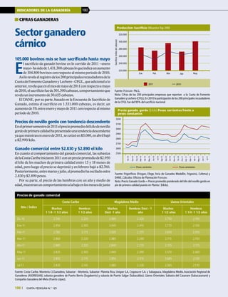 100 | carta fedegÁn N.° 125
INDICADORES DE LA GANADERÍA 100
Sectorganadero
cárnico
105.000 bovinos más se han sacrificado hasta mayo
E
l sacrificio de ganado bovino en lo corrido de 2011 –enero
mayo-hasidode1.431.300cabezasloqueindicaunaumento
de104.800bovinosconrespectoalmismoperiodode2010.
Asílorevelaelregistrodelos200principalesrecaudadoresdela
CuotadeFomentoGanaderoyLechero-CFGL,queadicionalalo
anterior,revelaqueenelmesdemayode2011conrespectoamayo
de2010,elsacrificiofuede301.500cabezas,comportamientoque
revela un incremento de 30.655 cabezas.
El DANE, por su parte, basado en la Encuesta de Sacrificio de
Ganado, estima el sacrificio en 1.531.000 cabezas, es decir, un
aumentode5%entreeneroymayode2011conrespectoalmismo
periodo de 2010.
Precios de novillo gordo con tendencia descendente
Enelprimersemestrede2011elpreciopromediodelkilodenovillo
gordodeprimeracalidadhapresentadounatendenciadescendente
yaquemientrasenenerode2011,secotizóen$3.080,enabrilbajó
a $2.990/kilo.
Ganado comercial entre $2.830 y $2.890 el kilo
En cuanto al comportamiento del ganado comercial, las subastas
delaCostaCaribeiniciaron2011conunpreciopromediode$2.950
el kilo de los machos de primera calidad entre 15 y 18 meses de
edad, pero luego el precio se deprimió y en febrero bajó a $2.760.
Posteriormente,entremarzoyjulio,elpromediohaosciladoentre
2.830 y $2.890 pesos.
Por su parte, el precio de las hembras con un año y medio de
edad,muestranuncomportamientoalabajaenlosmesesdejunio
CifrasGanaderas
Pesos corrientes Pesos constantes
Precio ganado gordo ($/kilo) Pesos corrientes frente a
pesos constantes
2500
2600
2700
2800
2900
3000
3100
3200
Dic10
Ene10
Feb10
Mar10
Abr10
May10
Jun10
Jul10
Ago10
Sep10
Oct10
Nov10
Dic10
Ene11
Feb11
Mar11
Abr11
May11
Jun11
Jul11
Fuente: Frigoríficos (Friogan, Efege, Feria de Ganados Medellín, Frigosinú, Cofema) y
DANE. Cálculos: Oficina de Planeación Fedegán.
Nota: Precio Ganado Gordo = Precio promedio ponderado del kilo del novillo gordo en
pie de primera calidad puesto en Planta ( $/kilo).
Precios de ganado comercial
Mes / Índice
Costa Caribe  Magdalena Medio Llanos Orientales
Machos
1 1/4 -1 1/2 años
Hembras
1 1/2 años
Machos
Dest -1 año
Hembras Dest - 1
año
Machos
1 1/2 años
Hembras
1 1/4 -1 1/2 años
Dic-10 2.745 2.225 2.995 2.420 2.750 2.195
Ene-11 2.950 2.305 3.045 2.410 2.770 2.105
Feb-11 2.765 2.175 3.035 2.375 2.650 2.050
Mar-11 2.860 2.220 2.985 2.290 2.715 2.105
Abr-11 2.885 2.320 2.840 2.275 2.705 2.175
May-11 2.835 2.305 2.940 2.395 2.570 2.060
Jun-11 2.855 2.175 2.955 2.315 2.685 2.135
Jul-11 2.835 2.145 2.980 2.230 2.565 2.130
Fuente: Costa Caribe. Montería CCGanadera, Subastar - Montería, Subastar- Planeta Rica, Unigan S.A, Cogasucre S.A. y Subagauca. Magdalena Medio.Asociación Regional de
Ganaderos (ASOREGAN), subasta ganadera de Puerto Berrio (Sugaberrio) y subasta de Puerto Salgar (Subacaldas). Llanos Orientales. Subasta del Casanare (Subacasanare) y
Compañía Ganadera del Meta (Puerto López).
Sacrificio(milesdecabezas)
Ene Feb Mar Abr May
220.000
240.000
260.000
280.000
300.000
320.000
2011 2010
Producción: Sacrificio (Muestra Top 200)
Fuente: Fedegán- FN.G.
Nota: Cifras de las 200 principales empresas que reportan a la Cuota de Fomento
Ganadero y Lechero (CFGL).En 2010 la participación de los 200 principales recaudadores
de la CFGL fue del 95% del sacrificio nacional
 
