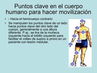 Puntos clave en el cuerpo humano para hacer movilización - Hacia el hemicuerpo contrario Se manipulan los puntos clave de un lado hacia puntos clave del otro lado del cuerpo, generalmente a una altura diferente. P.ej.: se tira de la muñeca izquierda hacia el tobillo izquierdo para facilitar el volteo de supino a prono en un paciente con lesión medular. 