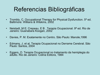 Referencias Bibliográficas  Trombly, C. Occupational Therapy for Physical Dysfunction. 5ª ed. Baltimore: Willians & Wilskins, 2002 Neistadt, M E; Crepeau, E B . Terapia Ocupacional. 9ª ed. Rio de Janeiro: Guanabara Koogan, 2002  Davies, P. M. Exatamente no Centro. São Paulo: Manole,1996 Edmans, J. et al. Terapia Ocupacional no Derrame Cerebral. Sâo Paulo: Santos, 2004 Eggers, O. Terapia Ocupacional no tratamento da hemiplegia do adulto. Rio de Janeiro: Colina Editora, 1984  