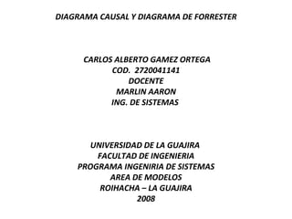 DIAGRAMA CAUSAL Y DIAGRAMA DE FORRESTER      CARLOS ALBERTO GAMEZ ORTEGA COD.  2720041141 DOCENTE MARLIN AARON ING. DE SISTEMAS    UNIVERSIDAD DE LA GUAJIRA  FACULTAD DE INGENIERIA PROGRAMA INGENIRIA DE SISTEMAS AREA DE MODELOS ROIHACHA – LA GUAJIRA 2008 