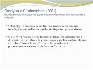 Goodyear e Colaboradores (2001) Esta identificação e descrição dos papéis incluíam competências chave associadas a cada item. O tecnológico preocupa-se em fazer ou ajudar a fazer escolhas tecnológicas que melhorem o ambiente disponível para os alunos. O designer preocupa-se em desenhar as tarefas de aprendizagem à distância. (Cf. Facilitação do processo, que é predominantemente uma actividade “dentro do curso”; o desenho do trabalho é predominantemente uma tarefa “anterior” ao curso. 