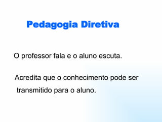 Pedagogia Diretiva O professor fala e o aluno escuta.  Acredita que o conhecimento pode ser transmitido para o aluno. 