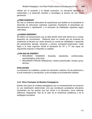 Modelo Pedagógico: Una Ruta Posible desde la Escuela para la Vida         2009

influido por la sociedad y el trabajo productivo. La educación garantiza la
colectividad y el desarrollo científico y tecnológico al servicio de una nueva
generación.

¿CÓMO ENSEÑAR?
Se crea un ambiente estimulante de experiencias que faciliten en el estudiante el
desarrollo de estructuras cognitivas superiores impulsando el aprendizaje por
descubrimiento y significación, y la formación de habilidades cognitivas según
cada etapa.

¿CUÁNDO ENSEÑAR?
Se refiere a la secuenciación que se debe decidir sobre todo dentro de un cuerpo
específico de conocimiento. Debemos tener en cuenta que los procesos de
enseñanza se llevaran por ciclos teniendo en cuenta las habilidades o desarrollo
del pensamiento ejemplo, transición y primero: percepción-observación; hasta
llegar a la meta cognición donde el estudiante de 10º y 11º sea capaz de
argumentar proponer e interpretar su realidad.

¿CON QUE SE ENSEÑA?
   RECURSOS         HUMANOS:      Docentes, estudiantes, conferencistas,
     psicorientadora, entre otros.
   RECURSOS FÍSICOS: Bibliobancos, medios audiovisuales, revistas, guías,
     láminas.

EVALUACION
La evaluación es cualitativa y puede ser individual o colectiva. Se da preferencia a
la auto evaluación y coevaluación, pues el trabajo es principalmente solidario.




3.4.5 Otras Tipologías de Modelos Pedagógicos
Existen otros tipos de modelos pedagógicos que no necesariamente se enmarcan
en una clasificación determinada, sino que constituyen paradigmas educativos
importantes por los aportes que han hecho a la educación, como sistemas
didácticos integradores. Ese es el caso de la enseñanza problémica y de la
pedagogía conceptual




                                                                                124
 