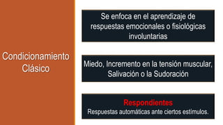 Condicionamiento
Clásico
Respondientes
Respuestas automáticas ante ciertos estímulos.
Se enfoca en el aprendizaje de
respuestas emocionales o fisiológicas
involuntarias
Miedo, Incremento en la tensión muscular,
Salivación o la Sudoración
 