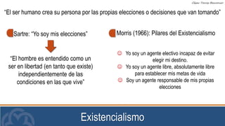 Existencialismo
“El ser humano crea su persona por las propias elecciones o decisiones que van tomando”
Sartre: “Yo soy mis elecciones”
“El hombre es entendido como un
ser en libertad (en tanto que existe)
independientemente de las
condiciones en las que vive”
 Yo soy un agente electivo incapaz de evitar
elegir mi destino.
 Yo soy un agente libre, absolutamente libre
para establecer mis metas de vida
 Soy un agente responsable de mis propias
elecciones
Morris (1966): Pilares del Existencialismo
 