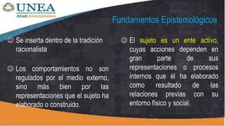 Fundamentos Epistemológicos
 Se inserta dentro de la tradición
racionalista
 Los comportamientos no son
regulados por el medio externo,
sino más bien por las
representaciones que el sujeto ha
elaborado o construido.
 El sujeto es un ente activo,
cuyas acciones dependen en
gran parte de sus
representaciones o procesos
internos que él ha elaborado
como resultado de las
relaciones previas con su
entorno físico y social.
 