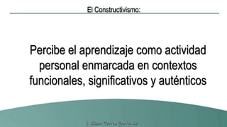 El Constructivismo:
Percibe el aprendizaje como actividad
personal enmarcada en contextos
funcionales, significativos y auténticos
 