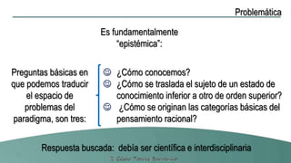 Problemática
Es fundamentalmente
“epistémica”:
Preguntas básicas en
que podemos traducir
el espacio de
problemas del
paradigma, son tres:
 ¿Cómo conocemos?
 ¿Cómo se traslada el sujeto de un estado de
conocimiento inferior a otro de orden superior?
 ¿Cómo se originan las categorías básicas del
pensamiento racional?
Respuesta buscada: debía ser científica e interdisciplinaria
 