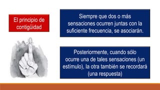 Posteriormente, cuando sólo
ocurre una de tales sensaciones (un
estímulo), la otra también se recordará
(una respuesta)
El principio de
contigüidad
Siempre que dos o más
sensaciones ocurren juntas con la
suficiente frecuencia, se asociarán.
 