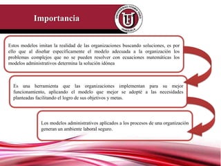Importancia


Estos modelos imitan la realidad de las organizaciones buscando soluciones, es por
ello que al diseñar específicamente el modelo adecuada a la organización los
problemas complejos que no se pueden resolver con ecuaciones matemáticas los
modelos administrativos determina la solución idónea



  Es una herramienta que las organizaciones implementan para su mejor
  funcionamiento, aplicando el modelo que mejor se adopté a las necesidades
  planteadas facilitando el logro de sus objetivos y metas.




               Los modelos administrativos aplicados a los procesos de una organización
               generan un ambiente laboral seguro.
 