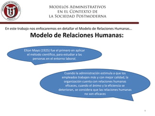 En este trabajo nos enfocaremos en detallar el Modelo de Relaciones Humanas…

Modelo de Relaciones Humanas:
Elton Mayo (1925) fue el primero en aplicar
el método científico, para estudiar a las
personas en el entorno laboral.

Cuando la administración estimula a que los
empleados trabajen más y con mejor calidad, la
organización cuenta con relaciones humanas
eficaces, cuando el ánimo y la eficiencia se
deterioran, se considera que las relaciones humanas
no son eficaces

4

 