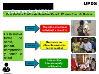 Es la Política Publica de Salud del Estado Plurinacional de Bolivia
Es la nueva
forma de
sentir,
pensar,
comprender
y hacer la
salud
¿Que es la SAFCI ?
Reacción emocional
individual y colectivo
Reconoce las
diferentes maneras
de ver la salud
Es la acción
intersectorial y
participativa
Sentir
Hacer
Pensar
UPDS
DR.YHAGOFROTA
 