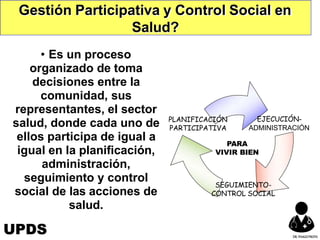Gestión Participativa y Control Social en
Salud?
• Es un proceso
organizado de toma
decisiones entre la
comunidad, sus
representantes, el sector
salud, donde cada uno de
ellos participa de igual a
igual en la planificación,
administración,
seguimiento y control
social de las acciones de
salud.
PARA
VIVIR BIEN
SEGUIMIENTO-
CONTROL SOCIAL
EJECUCIÓN-
ADMINISTRACIÓN
PLANIFICACIÓN
PARTICIPATIVA
UPDS DR.YHAGOFROTA
 