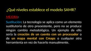 ¿Qué niveles establece el modelo SAMR?
MEJORA:
Sustitución: La tecnología se aplica como un elemento
sustitutorio de otro preexistente, pero no se produce
ningún cambio metodológico. Un ejemplo de ello
sería la creación de un cuento con un procesador o
de un mapa mental con Cmaps o cualquier otra
herramienta en vez de hacerlo manualmente.
 