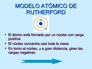 MODELO ATÓMICO DE RUTHERFORD El átomo está formado por un núcleo con carga positiva El núcleo concentra casi toda la masa En torno al núcleo, y a gran distancia, giran las cargas negativas 