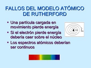 FALLOS DEL MODELO ATÓMICO DE RUTHERFORD Una partícula cargada en movimiento pierde energía Si el electrón pierde energía debería caer sobre el núcleo Los espectros atómicos deberían ser continuos 