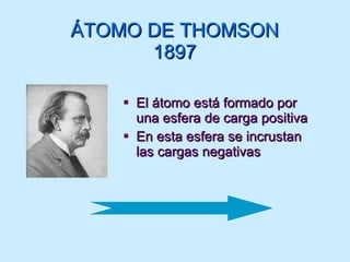 ÁTOMO DE THOMSON 1897 El átomo está formado por una esfera de carga positiva En esta esfera se incrustan las cargas negativas 