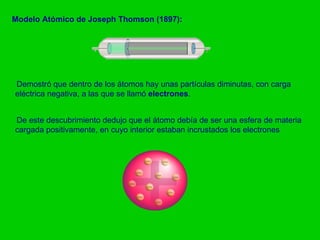 Modelo Atómico de Joseph Thomson (1897): Demostró que dentro de los átomos hay unas partículas diminutas, con carga eléctr...