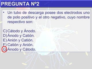 PREGUNTA Nº2 Un tubo de descarga posee dos electrodos uno de polo positivo y el otro negativo, cuyo nombre respectivo son:   Cátodo y Ánodo. Ánodo y Catión. Anión y Catión. Catión y Anión. Ánodo y Cátodo. 