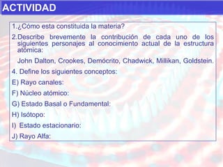 ACTIVIDAD ¿Cómo esta constituida la materia? Describe brevemente la contribución de cada uno de los siguientes personajes al conocimiento actual de la estructura atómica: John Dalton, Crookes, Demócrito, Chadwick, Millikan, Goldstein.  Define los siguientes conceptos: Rayo canales: Núcleo atómico: Estado Basal o Fundamental: Isótopo: Estado estacionario: Rayo Alfa: 