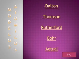 •Dalton


•Thomson


•Rutherford


   •Bohr


  •Actual
              Fin.
 