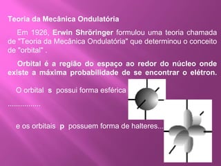 Teoria da Mecânica Ondulatória        Em 1926,  Erwin Shröringer  formulou uma teoria chamada de "Teoria da Mecânica Ondulatória" que determinou o conceito de "orbital" .      Orbital é a região do espaço ao redor do núcleo onde existe a máxima probabilidade de se encontrar o elétron.       O orbital   s   possui forma esférica  ...  ................          e os orbitais   p   possuem forma de halteres. .....      