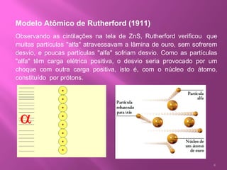 Modelo Atômico de Rutherford (1911)   Observando as cintilações na tela de ZnS, Rutherford verificou  que muitas partículas "alfa" atravessavam a lâmina de ouro, sem sofrerem desvio, e poucas partículas "alfa" sofriam desvio. Como as partículas "alfa" têm carga elétrica positiva, o desvio seria provocado por um choque com outra carga positiva, isto é, com o núcleo do átomo, constituído  por prótons. 