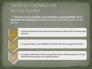  Con este nuevo modelo y los resultados experimentales de la
dispersión de partículas α se obtuvo nueva información acerca de los
átomos.


        • Todos los núcleos de los átomos de un elemento dado tiene la misma carga
          eléctrica.
  1.


        • La carga nuclear es un múltiplo entero del valor de la carga del electrón.
  2.


        • La carga nuclear de un átomo es igual al numero atómico químico, el cual
          determina su posición en la tabla periódica.
  3.
 