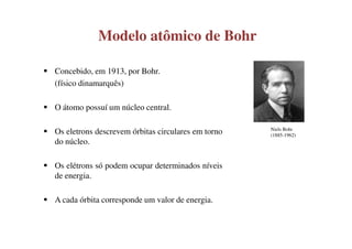 Evolução do modelo atômico

LOUIS DE BROGLIE: demonstrou matematicamente o
comportamento dualísta do elétron (partícula e onda).


Equação de De Broglie: λ =    h
                             m.v


h = 6,626. 10-34 J.s
 