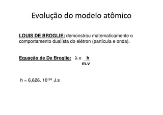 Modelo atômico atual

O átomo possui um núcleo central de reduzidas dimensões e
uma nuvem eletrônica.

No núcleo encontram-se os prótons e os nêutrons.

Os elétrons encontram-se à volta do núcleo, na nuvem
eletrônica.

Regiões de máxima probabilidade de encontrar um elétron
são denominadas de orbitais.
 