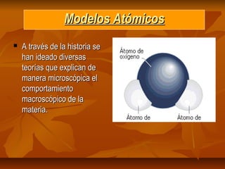  A través de la historia seA través de la historia se
han ideado diversashan ideado diversas
teorías que explican deteorías que explican de
manera microscópica elmanera microscópica el
comportamientocomportamiento
macroscópico de lamacroscópico de la
materia.materia.
Modelos AtómicosModelos Atómicos
 