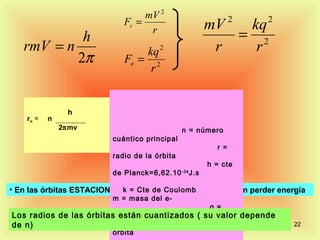 mV 2                        2   2
                            Fc =                     mV  kq
            h
                                  r
                                                        = 2
   rmV = n                      kq 2                  r   r
           2π               Fe = 2
                                 r


                h
    rn =   n
               2πmv                           n = número
                         cuántico principal
                                                       r =
                         radio de la órbita
                                                     h = cte
                         de Planck=6,62.10 -34 J.s

                            k = Cte de Coulomb
• En las órbitas ESTACIONARIAS los electrones se mueven sin perder energía
                         m = masa del e-
                                                     q =
Los radios de las órbitas están cuantizados ( su valor depende
                        carga del e-
de n)                   V=velocidad del electrón en la                 22
                         órbita
 