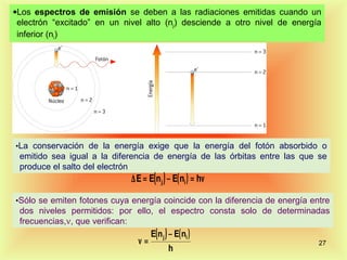 •Los espectros de emisión se deben a las radiaciones emitidas cuando un
 electrón “excitado” en un nivel alto (nj) desciende a otro nivel de energía
 inferior (ni)




•La conservación de la energía exige que la energía del fotón absorbido o
 emitido sea igual a la diferencia de energía de las órbitas entre las que se
 produce el salto del electrón
                             ∆ E = E( n j ) − E( ni ) = hν

•Sólo se emiten fotones cuya energía coincide con la diferencia de energía entre
 dos niveles permitidos: por ello, el espectro consta solo de determinadas
 frecuencias,ν, que verifican:
                                    E( n j ) − E( ni )
                               ν=                                            27
                                            h
 