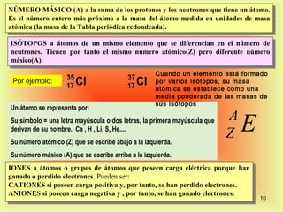 NÚMERO MÁSICO (A) aala suma de los protones yylos neutrones que tiene un átomo.
 NÚMERO MÁSICO (A) la suma de los protones los neutrones que tiene un átomo.
Es el número entero más próximo aala masa del átomo medida en unidades de masa
 Es el número entero más próximo la masa del átomo medida en unidades de masa
atómica (la masa de la Tabla periódica redondeada).
 atómica (la masa de la Tabla periódica redondeada).
ISÓTOPOS aa átomos de un mismo elemento que se diferencian en el número de
 ISÓTOPOS átomos de un mismo elemento que se diferencian en el número de
neutrones. Tienen por tanto el mismo número atómico(Z) pero diferente número
 neutrones. Tienen por tanto el mismo número atómico(Z) pero diferente número
másico(A).
 másico(A).
                                                    Cuando un elemento está formado
                    35                    37
 Por ejemplo:
                    17   Cl               17   Cl   por varios isótopos, su masa
                                                    atómica se establece como una
                                                    media ponderada de las masas de
                                                    sus isótopos
Un átomo se representa por:
                                                                          A
Su símbolo = una letra mayúscula o dos letras, la primera mayúscula que
derivan de su nombre. Ca , H , Li, S, He....
                                                                          Z   E
Su número atómico (Z) que se escribe abajo a la izquierda.
Su número másico (A) que se escribe arriba a la izquierda.
IONES aa átomos oo grupos de átomos que poseen carga eléctrica porque han
 IONES átomos grupos de átomos que poseen carga eléctrica porque han
ganado ooperdido electrones. Pueden ser:
 ganado perdido electrones. Pueden ser:
CATIONES si poseen carga positiva y, por tanto, se han perdido electrones.
 CATIONES si poseen carga positiva y, por tanto, se han perdido electrones.
ANIONES si poseen carga negativa yy, ,por tanto, se han ganado electrones.
 ANIONES si poseen carga negativa      por tanto, se han ganado electrones.       10
 