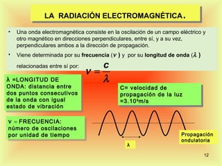 LA RADIACIÓN ELECTROMAGNÉTICA
               LA RADIACIÓN ELECTROMAGNÉTICA                         ..
•   Una onda electromagnética consiste en la oscilación de un campo eléctrico y
    otro magnético en direcciones perpendiculares, entre sí, y a su vez,
    perpendiculares ambos a la dirección de propagación.
•   Viene determinada por su frecuencia (ν ) y por su longitud de onda (λ )

    relacionadas entre sí por:       c
                                 ν =
λλ =LONGITUD DE
   =LONGITUD DE                      λ
ONDA: distancia entre
 ONDA: distancia entre                       C= velocidad de
                                              C= velocidad de
dos puntos consecutivos
 dos puntos consecutivos                     propagación de la luz
                                              propagación de la luz
de la onda con igual                         =3.10 88 m/s
 de la onda con igual                         =3.10 m/s
estado de vibración
 estado de vibración

ν ==FRECUENCIA:
 ν FRECUENCIA:
número de oscilaciones
 número de oscilaciones
por unidad de tiempo                                                 Propagación
 por unidad de tiempo
                                                                     ondulatoria
                                               λ

                                                                              12
 
