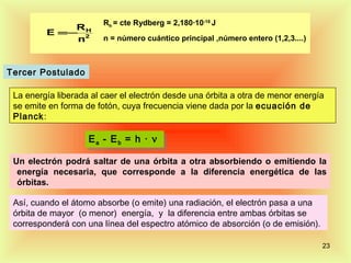 Rh = cte Rydberg = 2,180·10-18 J
             RH
         E =− 2
             n          n = número cuántico principal ,número entero (1,2,3....)



Tercer Postulado

 La energía liberada al caer el electrón desde una órbita a otra de menor energía
 se emite en forma de fotón, cuya frecuencia viene dada por la ecuación de
 Planck:

                    E a -- E b = h ·· ν
                    Ea Eb = h ν
 Un electrón podrá saltar de una órbita a otra absorbiendo o emitiendo la
  energía necesaria, que corresponde a la diferencia energética de las
  órbitas.

 Así, cuando el átomo absorbe (o emite) una radiación, el electrón pasa a una
 órbita de mayor (o menor) energía, y la diferencia entre ambas órbitas se
 corresponderá con una línea del espectro atómico de absorción (o de emisión).

                                                                                   23
 