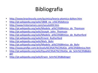 Bibliografia
•
•
•
•
•
•
•
•
•
•
•

http://www.brasilescola.com/quimica/teoria-atomica-dalton.htm
http://pt.wikipedia.org/wiki/1808_na_ci%C3%AAncia
http://www.historiamais.com/seculoXIX.htm
http://pt.wikipedia.org/wiki/Modelo_at%C3%B4mico_de_Thomson
http://pt.wikipedia.org/wiki/Joseph_John_Thomson
http://pt.wikipedia.org/wiki/Modelo_at%C3%B4mico_de_Rutherford
http://pt.wikipedia.org/wiki/Ernest_Rutherford
http://pt.wikipedia.org/wiki/Niels_Bohr
http://pt.wikipedia.org/wiki/Modelo_at%C3%B4mico_de_Bohr
http://www.profpc.com.br/evolu%C3%A7%C3%A3o_at%C3%B4mica.htm
http://pt.wikipedia.org/wiki/Equa%C3%A7%C3%A3o_de_Schr%C3%B6din
ger
• http://pt.wikipedia.org/wiki/Erwin_Schr%C3%B6dinger

 
