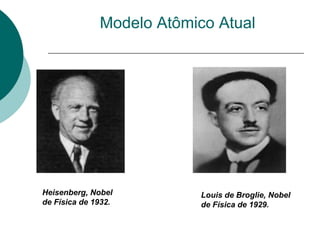 Modelo Atômico Atual

Heisenberg, Nobel
de Física de 1932.

Louis de Broglie, Nobel
de Física de 1929.

 