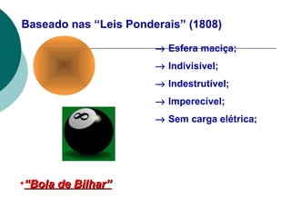 Baseado nas “Leis Ponderais” (1808)
→ Esfera maciça;
→ Indivisível;
→ Indestrutível;
→ Imperecível;
→ Sem carga elétrica;

•“Bola de Bilhar”

 