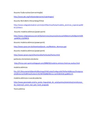 Assunto: fusão nuclear (tem animação) 
http://www.pbs.org/hollywoodpresents/copenhagen/ 
Assunto: Neils Bohr e Heisenberg (Filme) 
http://www.colegiodomcabral.com.br/prof/Quimica/Aulas/modelos_atomicos_especial.ppt#2 
67,2,Slide 2. 
Assunto: modelos atômicos (power point) 
http://www.colegiopessoa.com.br/fp/exercicios/arquivos/evolucao%20atomica%20parte%20I 
.ppt#256,1,QUÍMICA 
Assunto: modelos atômicos (power point) 
http://www.sjose.com.br/download/paulo_vaz/Modelos_Atomicos.ppt 
Assunto: modelos atômicos (power point) 
http://www.sprace.org.br/AventuraDasParticulas/frames.html 
partículas elementares do átomo 
http://fisica-com-quimica.blogspot.com/2008/03/modelos-atmicos-histricos-evoluo.html 
modelos atômicos 
file:///C:/Documents%20and%20Settings/Cl%E1udia/Configura%E7%F5es%20locais/Temporar 
y%20Internet%20Files/Content.IE5/3NTEQIB8/Oficina-ram%5B1%5D.ppt#411,57, 
modelos atômicos e suas descobertas 
http://www.passeiweb.com/na_ponta_lingua/sala_de_aula/quimica/atomistica/constituicao_ 
da_materia/2_const_mat_part_fund_avogrado 
Teoria atômica 
