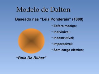 • Esfera maciça;
• Indivisível;
• Indestrutível;
• Imperecível;
• Sem carga elétrica;
“Bola De Bilhar”
Baseado nas “Leis Ponderais” (1808)
Modelo de DaltonModelo de Dalton
 