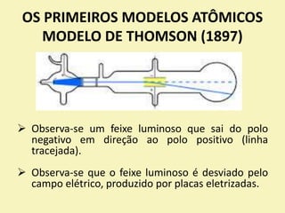 OS PRIMEIROS MODELOS ATÔMICOS
MODELO DE THOMSON (1897)
 Observa-se um feixe luminoso que sai do polo
negativo em direção ao polo positivo (linha
tracejada).
 Observa-se que o feixe luminoso é desviado pelo
campo elétrico, produzido por placas eletrizadas.
 