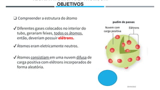 20/04/2022
TEORIA ATÔMICA DE THOMSON:
OBJETIVOS
❑ Compreender a estrutura do átomo
✔Diferentes gases colocados no interior do
tubo, gerariam feixes, todos os átomos,
então, deveriam possuir elétrons.
✔Átomos eram eletricamente neutros.
✔Átomos consistiam em uma nuvem difusa de
carga positiva com elétrons incorporados de
forma aleatória.
pudim de passas
 
