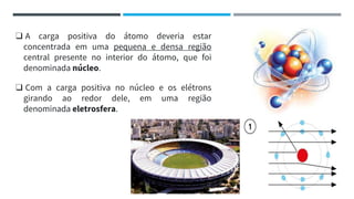 ❑ A carga positiva do átomo deveria estar
concentrada em uma pequena e densa região
central presente no interior do átomo, que foi
denominada núcleo.
❑ Com a carga positiva no núcleo e os elétrons
girando ao redor dele, em uma região
denominada eletrosfera.
 