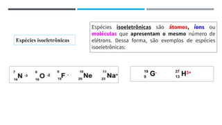 Espécies isoeletrônicas
Espécies isoeletrônicas são átomos, íons ou
moléculas que apresentam o mesmo número de
elétrons. Dessa forma, são exemplos de espécies
isoeletrônicas:
 