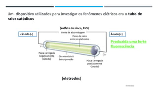20/04/2022
Um dispositivo utilizados para investigar os fenômenos elétricos era o tubo de
raios catódicos
(eletrodos)
cátodo (-) Ânodo(+)
Produzida uma forte
fluorescência
(sulfeto de zinco, ZnS)
 