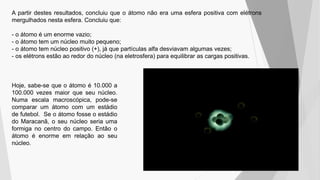 A partir destes resultados, concluiu que o átomo não era uma esfera positiva com elétrons
mergulhados nesta esfera. Concluiu que:
- o átomo é um enorme vazio;
- o átomo tem um núcleo muito pequeno;
- o átomo tem núcleo positivo (+), já que partículas alfa desviavam algumas vezes;
- os elétrons estão ao redor do núcleo (na eletrosfera) para equilibrar as cargas positivas.
Hoje, sabe-se que o átomo é 10.000 a
100.000 vezes maior que seu núcleo.
Numa escala macroscópica, pode-se
comparar um átomo com um estádio
de futebol. Se o átomo fosse o estádio
do Maracanã, o seu núcleo seria uma
formiga no centro do campo. Então o
átomo é enorme em relação ao seu
núcleo.
 